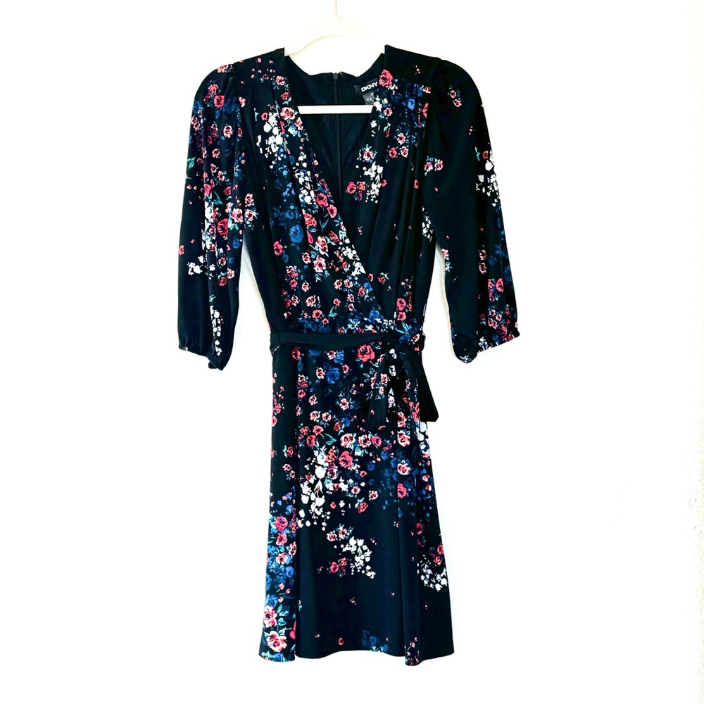 DKNY Black Floral Print Belted Wrap Dress Jersey 3/4 Sleeves 6 - Picture 2 of 11